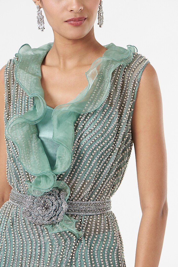 Mint Green Hand Embroidered Jacket Set by prakriti chawla at Pernia's Pop Up Shop